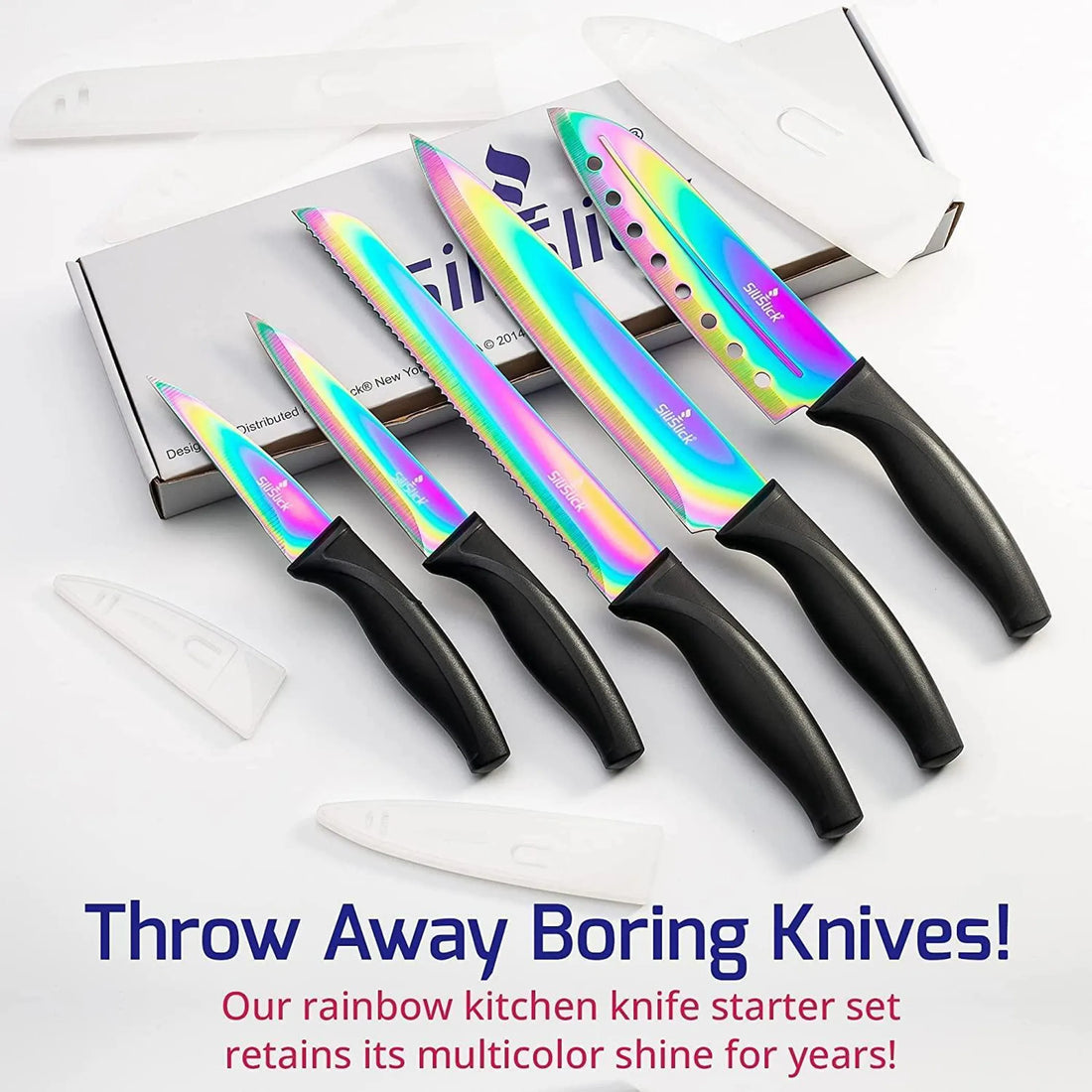 Kitchen Knife Set Kit 5 Dishwasher Safe Colorful Knives Knife Sharpener & Magnetic Wall Bar Titanium Non Stick Plating Stainless Steel