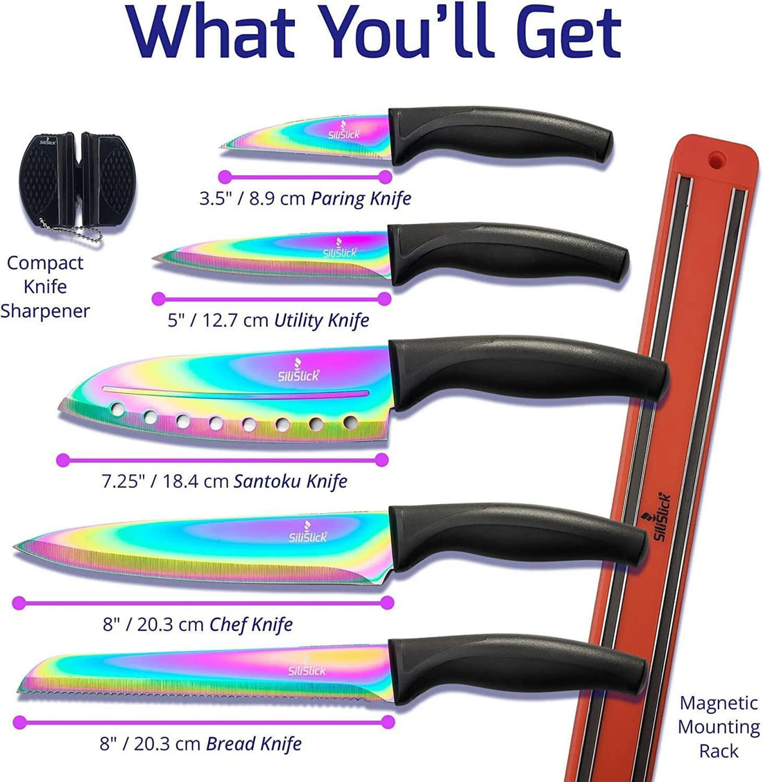 Kitchen Knife Set Kit 5 Dishwasher Safe Colorful Knives Knife Sharpener & Magnetic Wall Bar Titanium Non Stick Plating Stainless Steel
