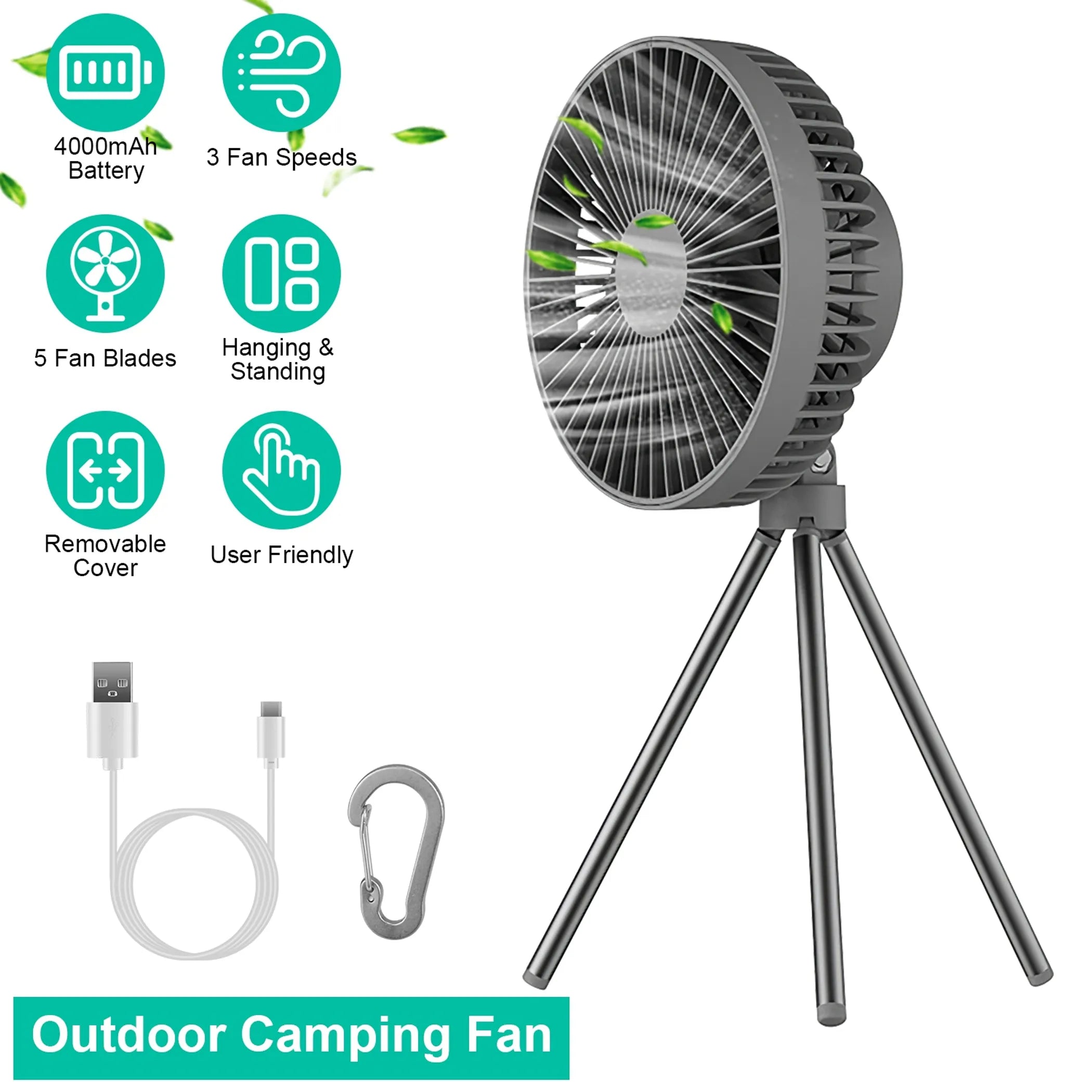 Portable Camping Fan Rechargeable Battery Powered Foldable Tripod Fan