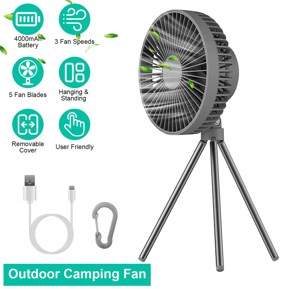 Portable Camping Fan Rechargeable Battery Powered Foldable Tripod Fan