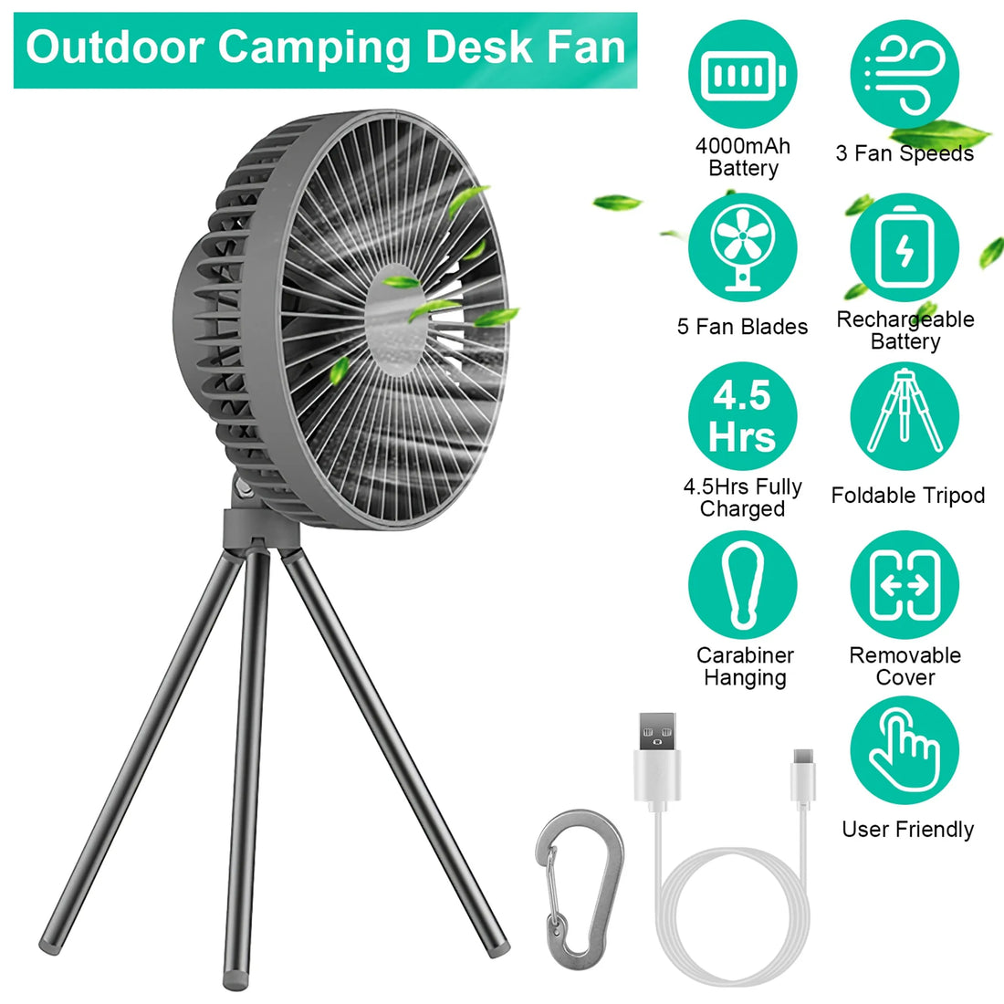 Portable Camping Fan Rechargeable Battery Powered Foldable Tripod Fan