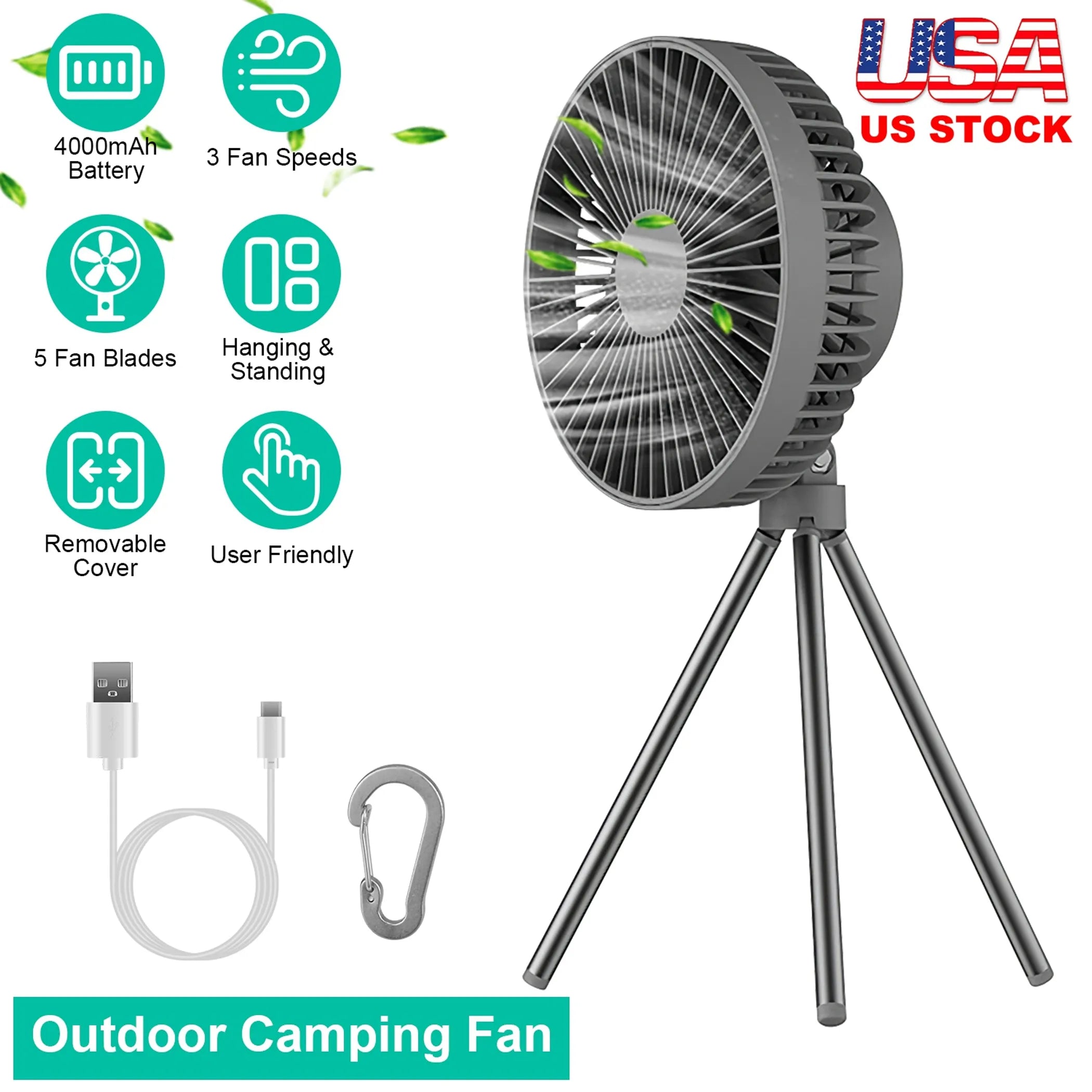 Portable Camping Fan Rechargeable Battery Powered Foldable Tripod Fan