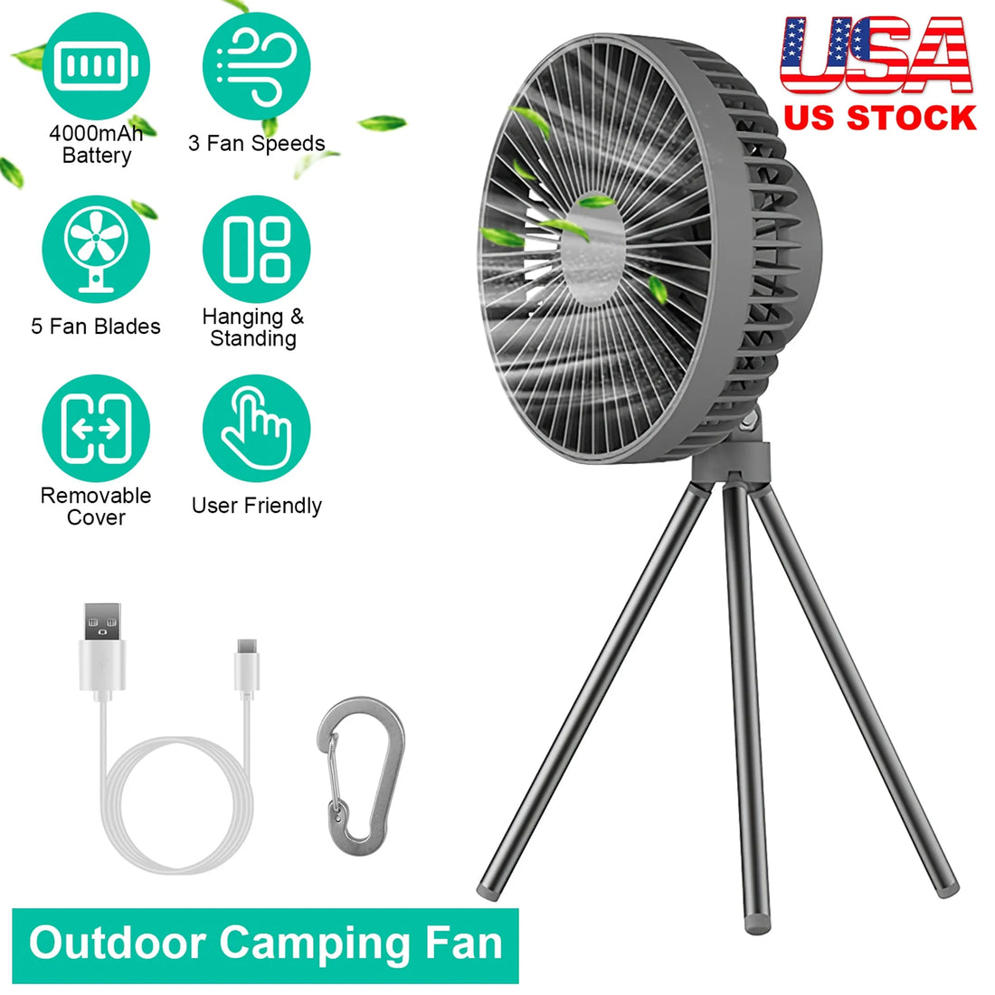 Portable Camping Fan Rechargeable Battery Powered Foldable Tripod Fan