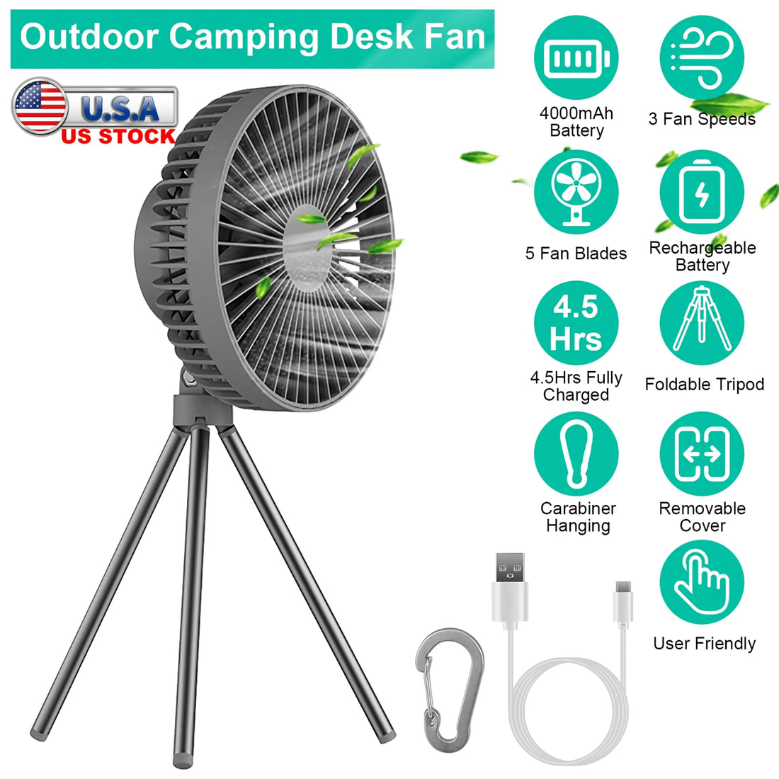 Portable Camping Fan Rechargeable Battery Powered Foldable Tripod Fan