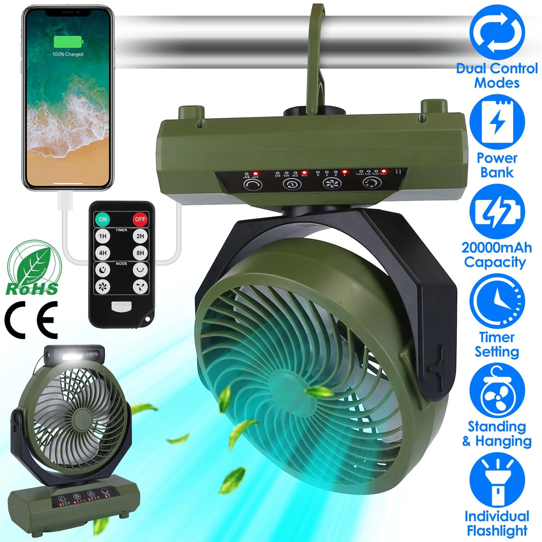 20000mAh Rechargeable Oscillating Camping Fan