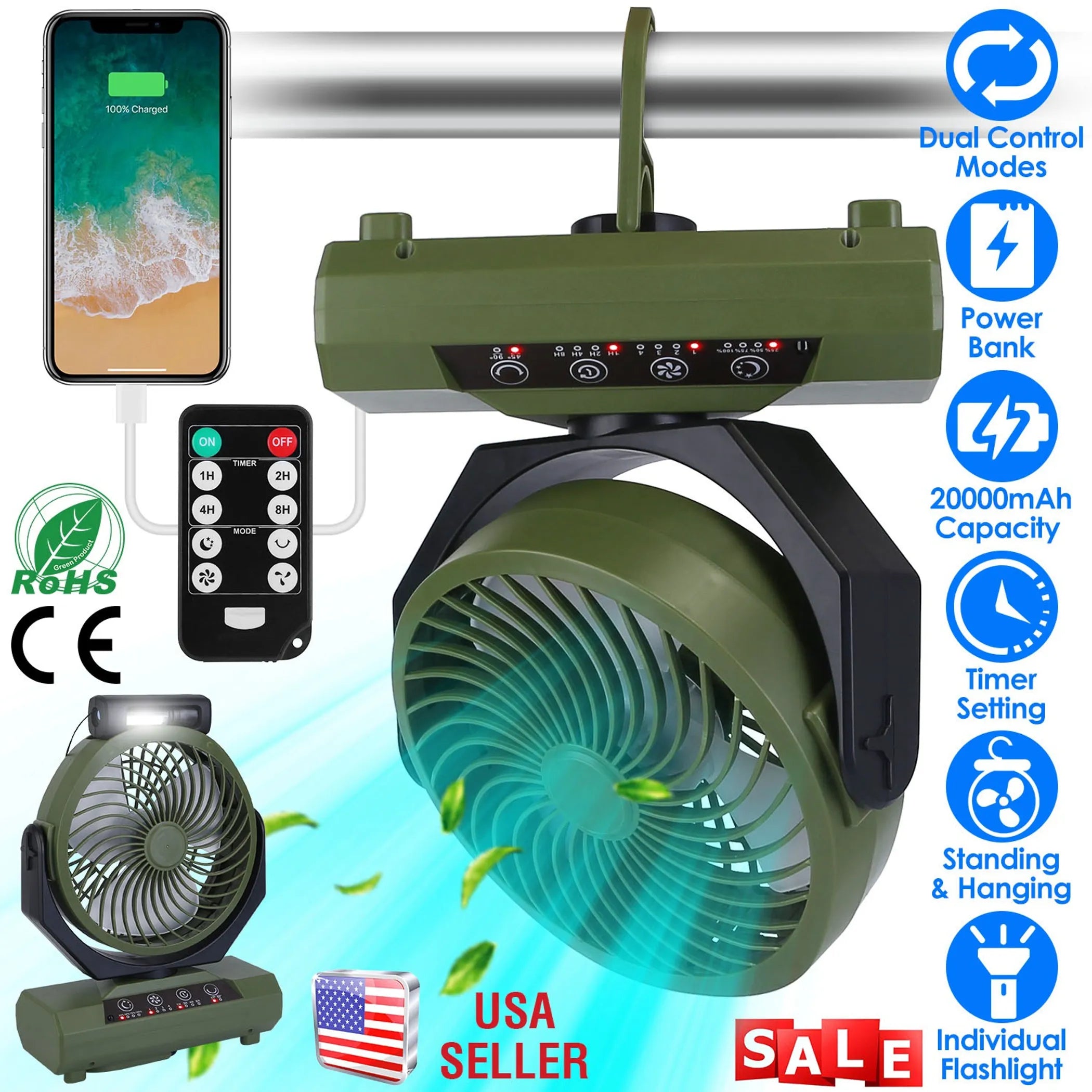 20000mAh Rechargeable Oscillating Camping Fan