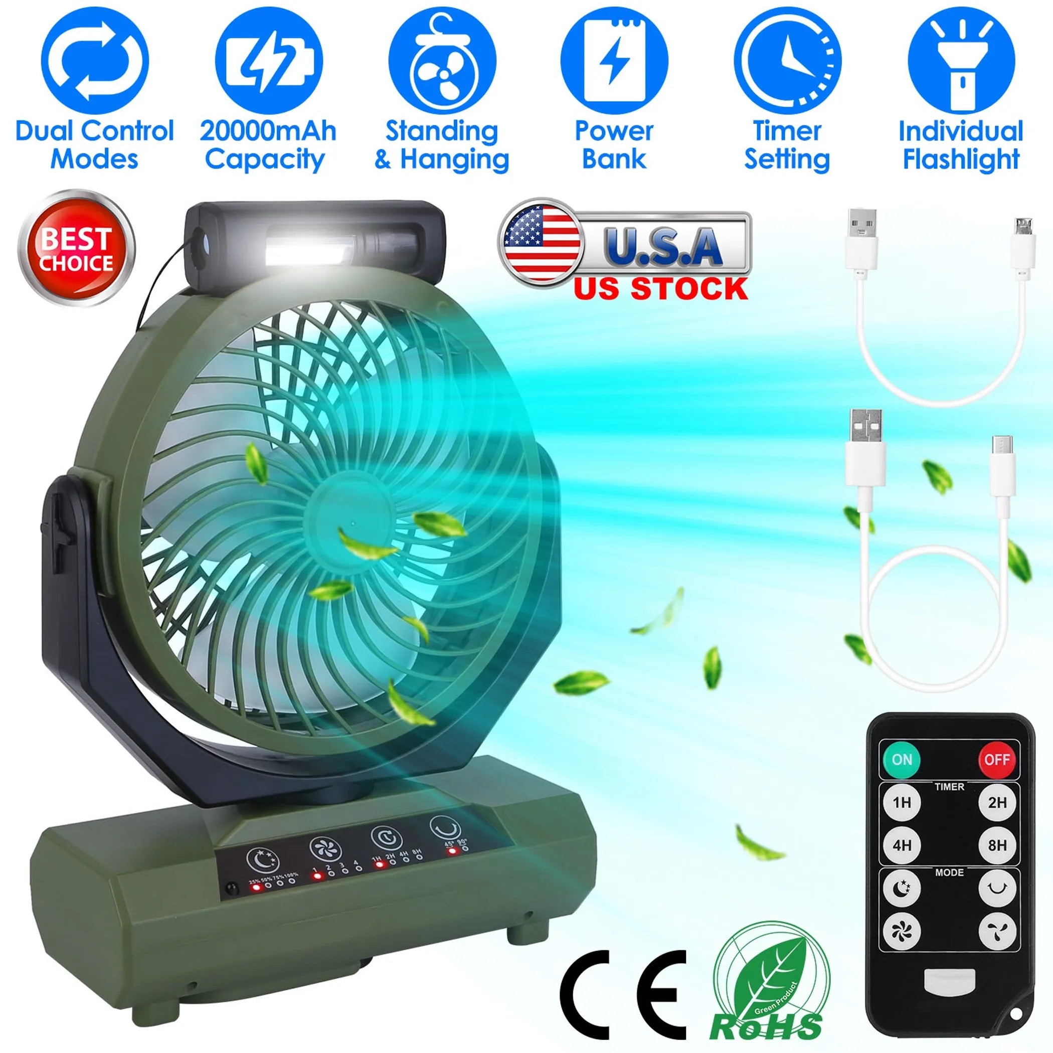 20000mAh Rechargeable Oscillating Camping Fan