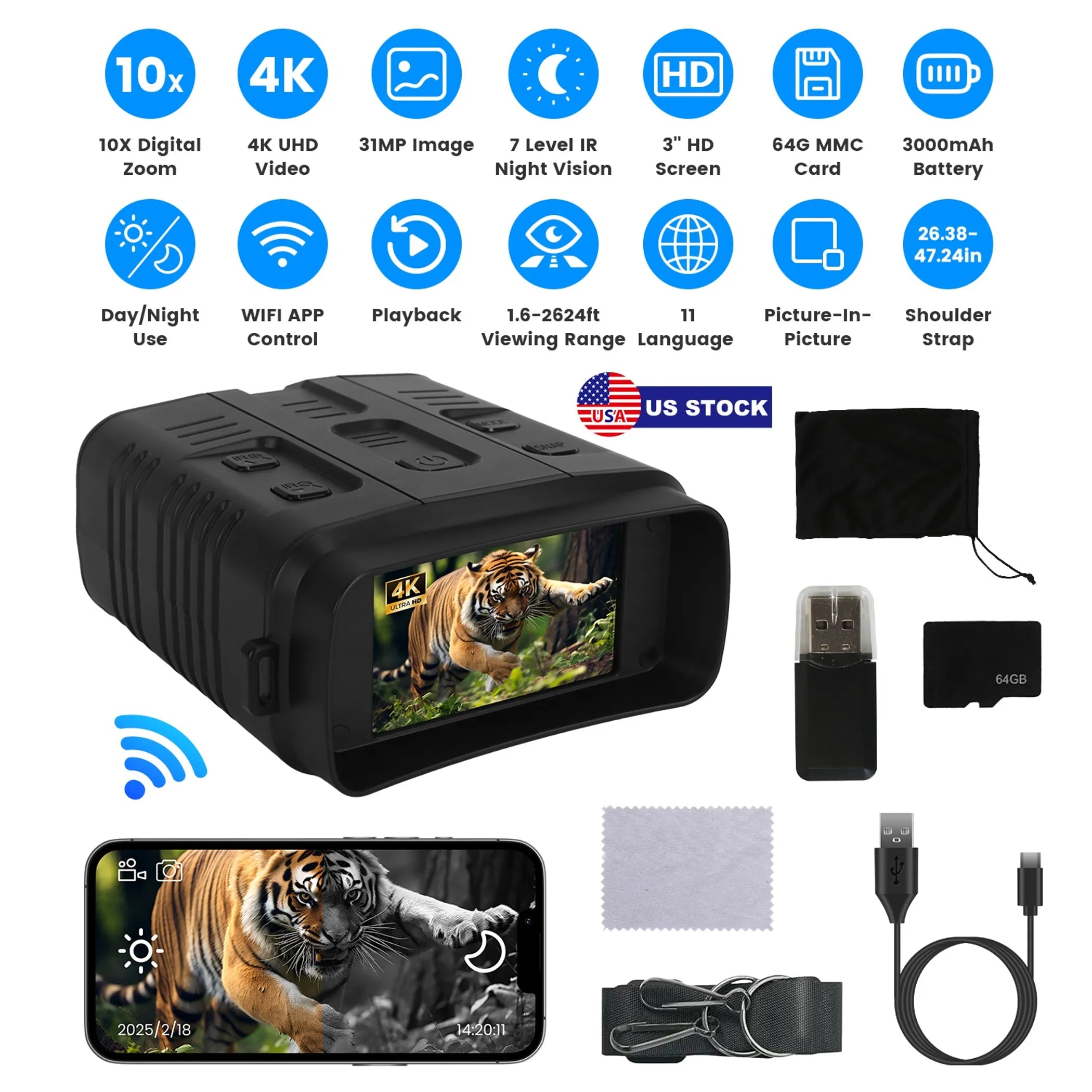 Night Vision Goggles 4K Full-Color Binoculars 10X Zoom