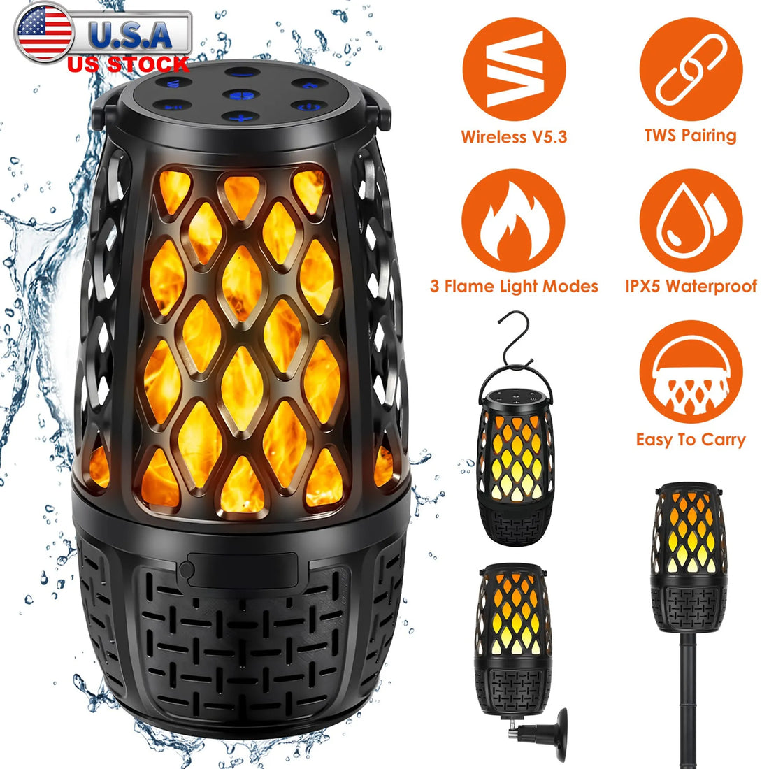 4 In 1 Wireless 5.3 Outdoor Speaker IPX5 Waterproof Patio Speaker LED